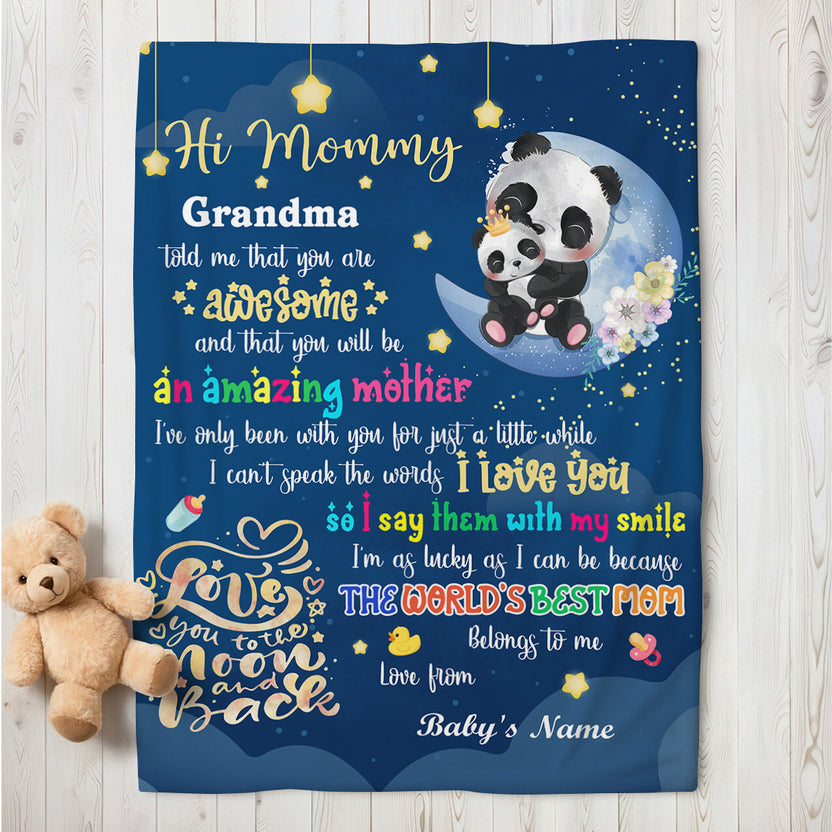 Mom To Be Gifts, Hi Mommy Grandma Told Me That Panda, 1st Mother's Day Blanket, Cute Baby Panda Blanket, Custom Newborn Swaddle, Infant Bedding Keepsake, Warm Flannel