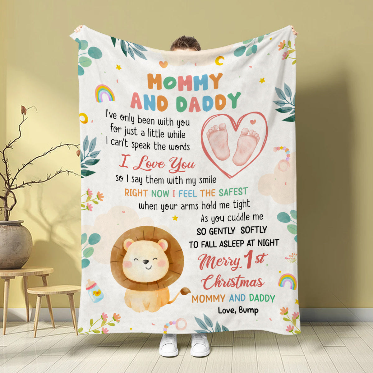 Merry 1st Christmas Mommy Daddy I've Only Been With You A While Footprint Baby Lion, Personalized Blanket, Gifts For New Parents, Fleece Sherpa Blanket, New Parents Xmas Christmas