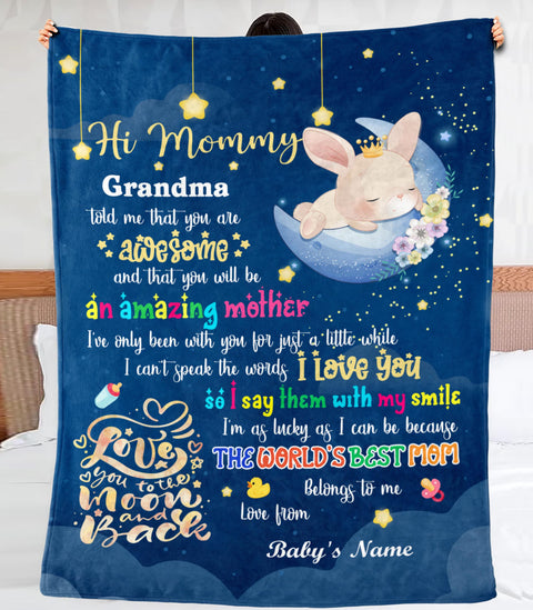 Personalized Blanket For Mom To Be From Baby Hi Mommy Grandma Told Me That Rabbit 1St Mother's Day Cute Sleeping Custom Name New Parents Gifts Fleece Sherpa Blanket For Birthday Mothers Day