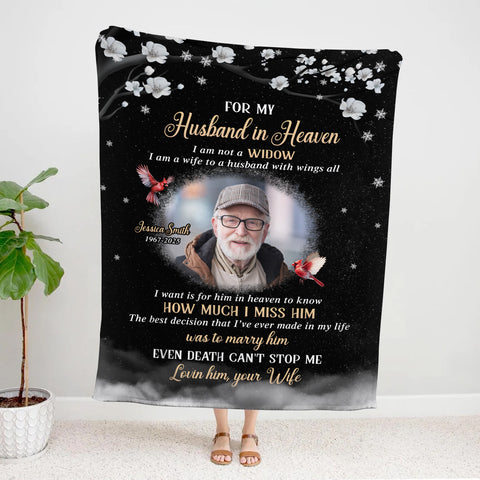 Sympathy Gifts, Memorial Blanket With Photo, For My Husband In Heaven I Am Not A Widow I Am A Wife To  Husband With Wing, Loss Of Loved Ones Blanket, Funeral Gifts For Anniversary