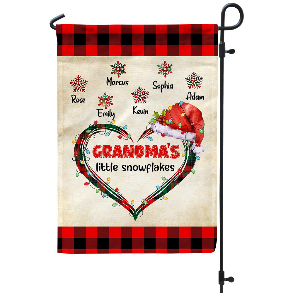 Custom Grandmas Little Snowflakes Flag, Christmas Plaid Heart Santa Hat Names Yard Sign, Holiday Season Lawn Decor, Custom Grandchildren Name Banner,  Gifts For Nana From Grandkids