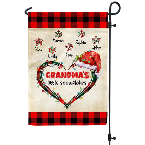 Custom Grandmas Little Snowflakes Flag, Christmas Plaid Heart Santa Hat Names Yard Sign, Holiday Season Lawn Decor, Custom Grandchildren Name Banner,  Gifts For Nana From Grandkids