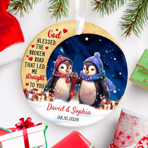 God Blessed The Road That Led Me To You Cute Penguin Couple Crescents Moon, Penguin Couple Holiday Keepsake, Couples Christmas Ornament, Tree Decor, Personalized Christmas Ornament