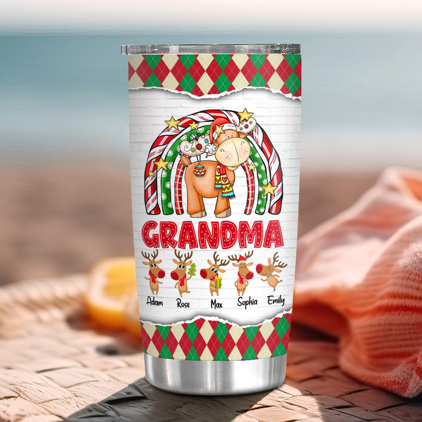 Cute Christmas Rainbow Tumbler, Grandma Custom Grandchildren Names Travel Cup, Winter Drinkware Cup, Rainbow Reindeer Family Names Travel Tumbler, Gifts For Nana From Grandkids, 20oz