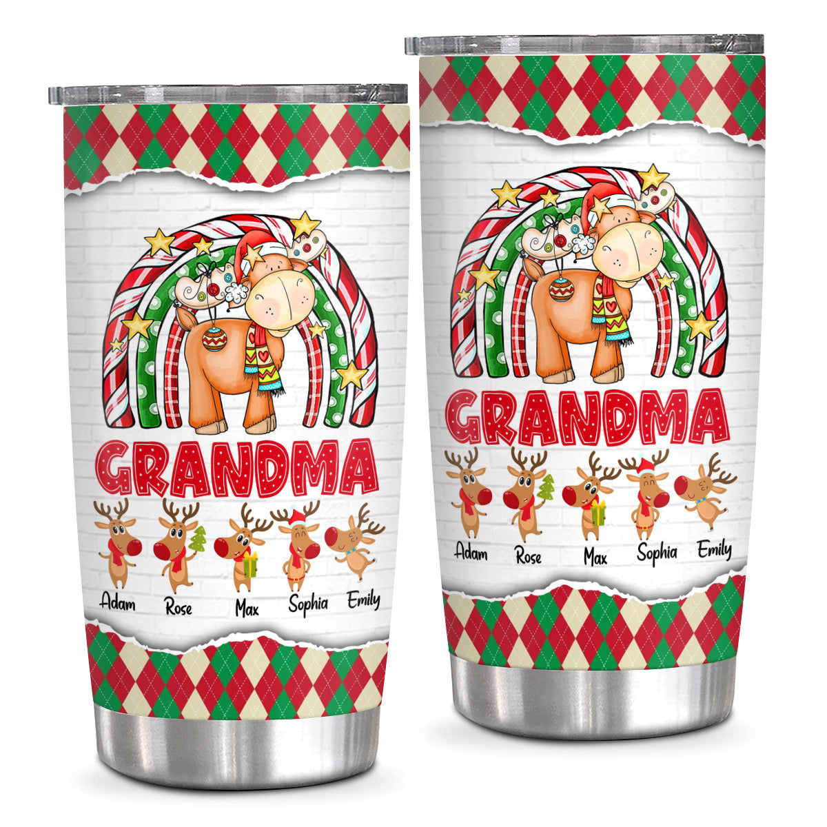 Cute Christmas Rainbow Tumbler, Grandma Custom Grandchildren Names Travel Cup, Winter Drinkware Cup, Rainbow Reindeer Family Names Travel Tumbler, Gifts For Nana From Grandkids, 20oz