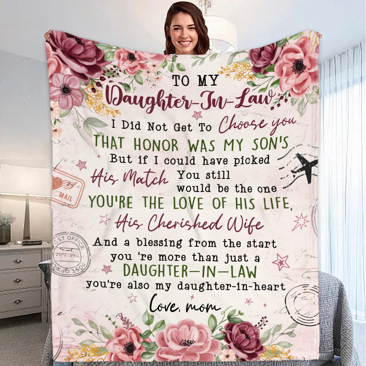 Personalized To Daughter In Law Blanket From Mother In Law Also My Daughter In Heart Floral Printed Custom Name Gifts For Daughter In Law Fleece Sherpa Blanket For Birthday Wedding