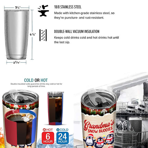 Christmas Penguin, Grandmas Buddies Insulated Tumbler, Stainless Steel Beverage Cup, Penguin Xmas Cup, Custom Grandkids Drinkware, Personalized Tumbler, Gifts For Nana From Grandkids