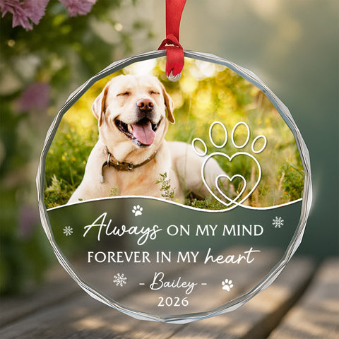 Always On Mind Forever In Heart Pawprints Glass Ornament Remembrance, Memorial Keepsake, Pet Loss Decoration, Winter Decor, Remembrance Tribute Ornament With Photo, Gifts For Dog Lovers