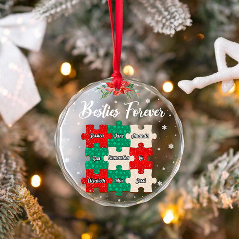 Personalized Besties Forever Glass Ornament, Custom Puzzle Piece Friends Ornament, Best Friend Christmas Gift, Name Glass Keepsake