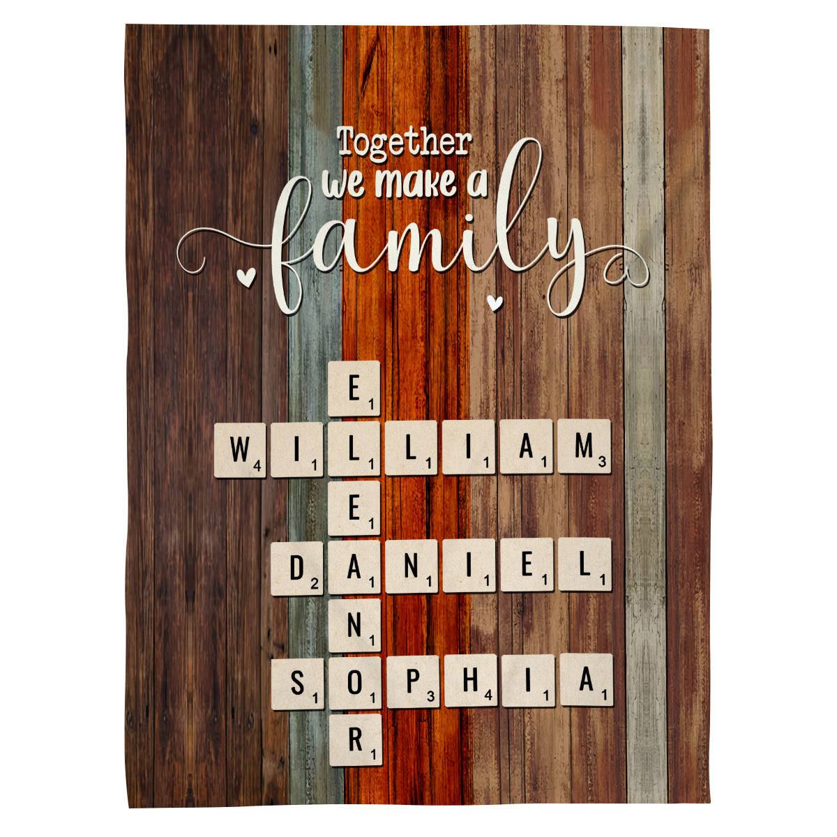 Together We Make A Family Theme,Cozy Family Blanket With Personalized Names, Rustic Finish, Crossword Inspired Name Arrangement, Personalized Blanket, Gifts For Mom Dad From Kids