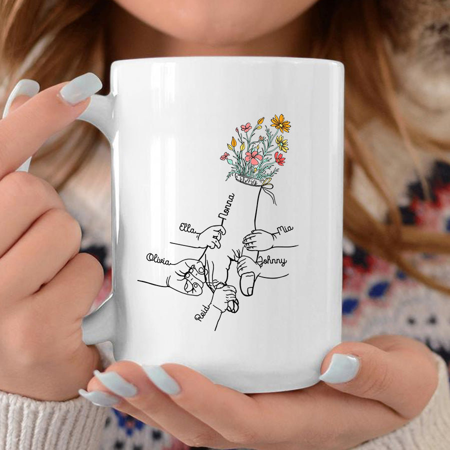 Grandma Gifts, Holding Mom's Hand Floral Mug Little Hands Kids Grandkids Holding Mom Nana Hand, Personalized Coffee Mug, Gifts For Nana From Grandson, 11 15oz, Gifts For Mother's Day