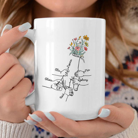 Grandma Gifts, Holding Mom's Hand Floral Mug Little Hands Kids Grandkids Holding Mom Nana Hand, Personalized Coffee Mug, Gifts For Nana From Grandson, 11 15oz, Gifts For Mother's Day
