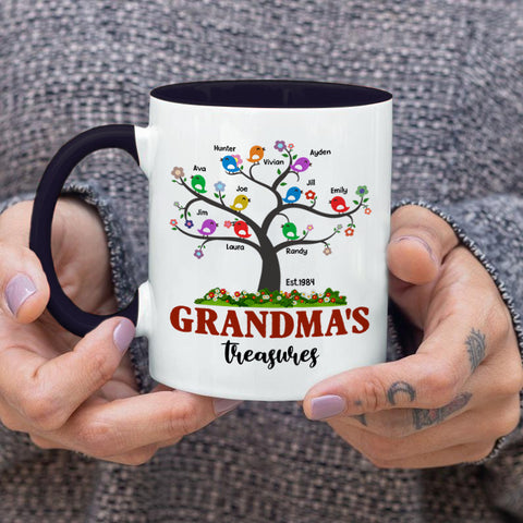 Personalized Coffee Mug For Grandma From Grandchild Grandma's Treasures Tree With Cute Birds Custom Grandkids Name 11 15Oz Ceramic Accent Cup Gifts For Grandma For Birthday Christmas
