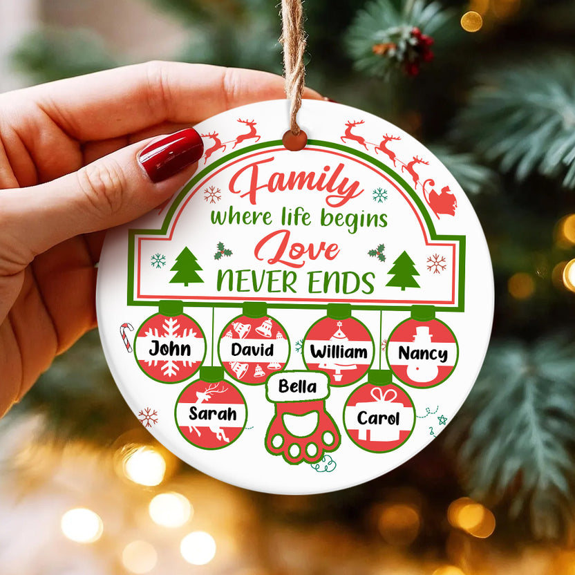 Family Gifts, Family Life Begin Love Not Ends Cute Ball With Names Hanging, Personalized Christmas Ornament, Gifts For Parents Grandparents From Kids Grandkids, Family Ornament