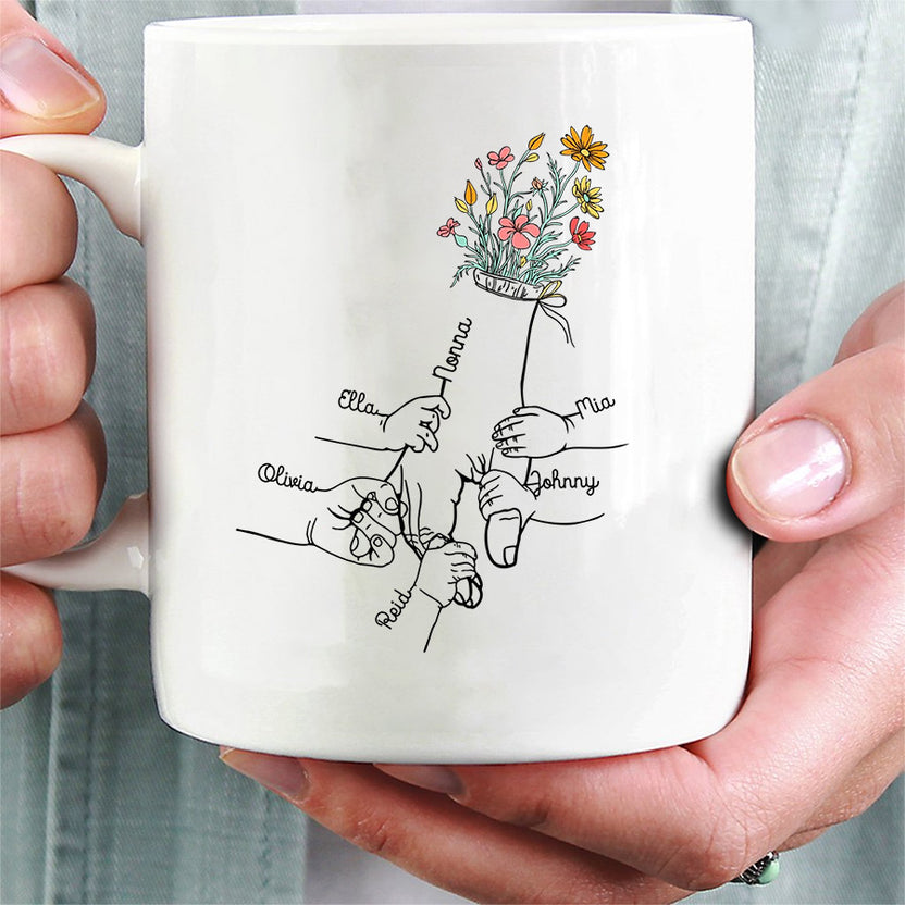 Grandma Gifts, Holding Mom's Hand Floral Mug Little Hands Kids Grandkids Holding Mom Nana Hand, Personalized Coffee Mug, Gifts For Nana From Grandson, 11 15oz, Gifts For Mother's Day