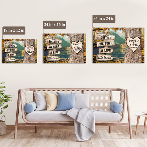 And So Together We Built A Life We Loved Custom Name & Date Heart Carving On Tree Rustic Wood Sign With Autumn Forest Poster