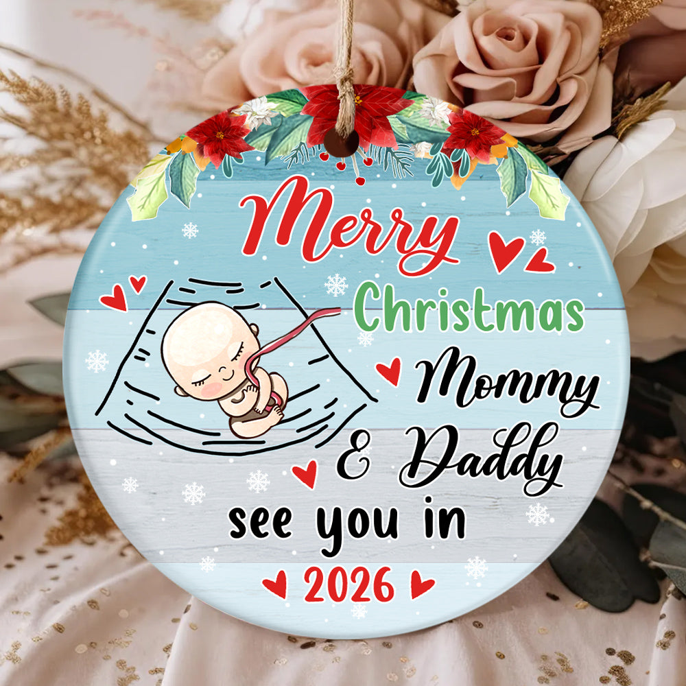 Mom To Be Gifts, Merry Christmas As Mommy & Daddy Sleeping Baby Bump, Custom Baby Announcement Circle Ornament, Holiday Decor, Maternity Circle Ornament Gifts For New Mommy