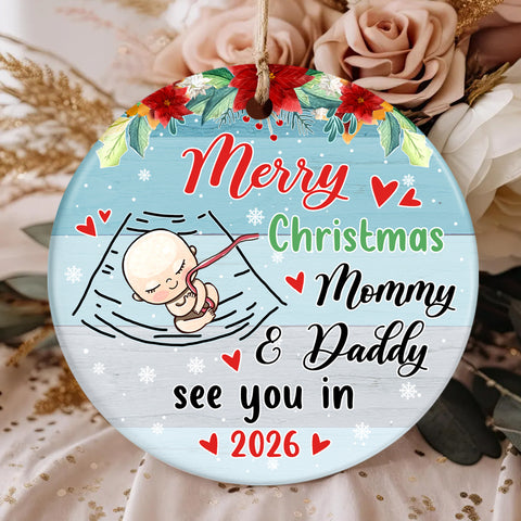 Mom To Be Gifts, Merry Christmas As Mommy & Daddy Sleeping Baby Bump, Custom Baby Announcement Circle Ornament, Holiday Decor, Maternity Circle Ornament Gifts For New Mommy