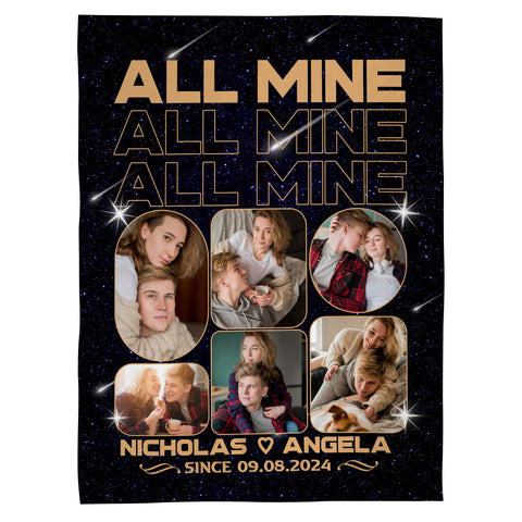 All Mine Photo Collage Blanket, Personalized Name And Year, Black With Multiple Couple Photos Gifts For Him Her Custom Fleece Sherpa Blanket, Gifts For Valentine Anniversary