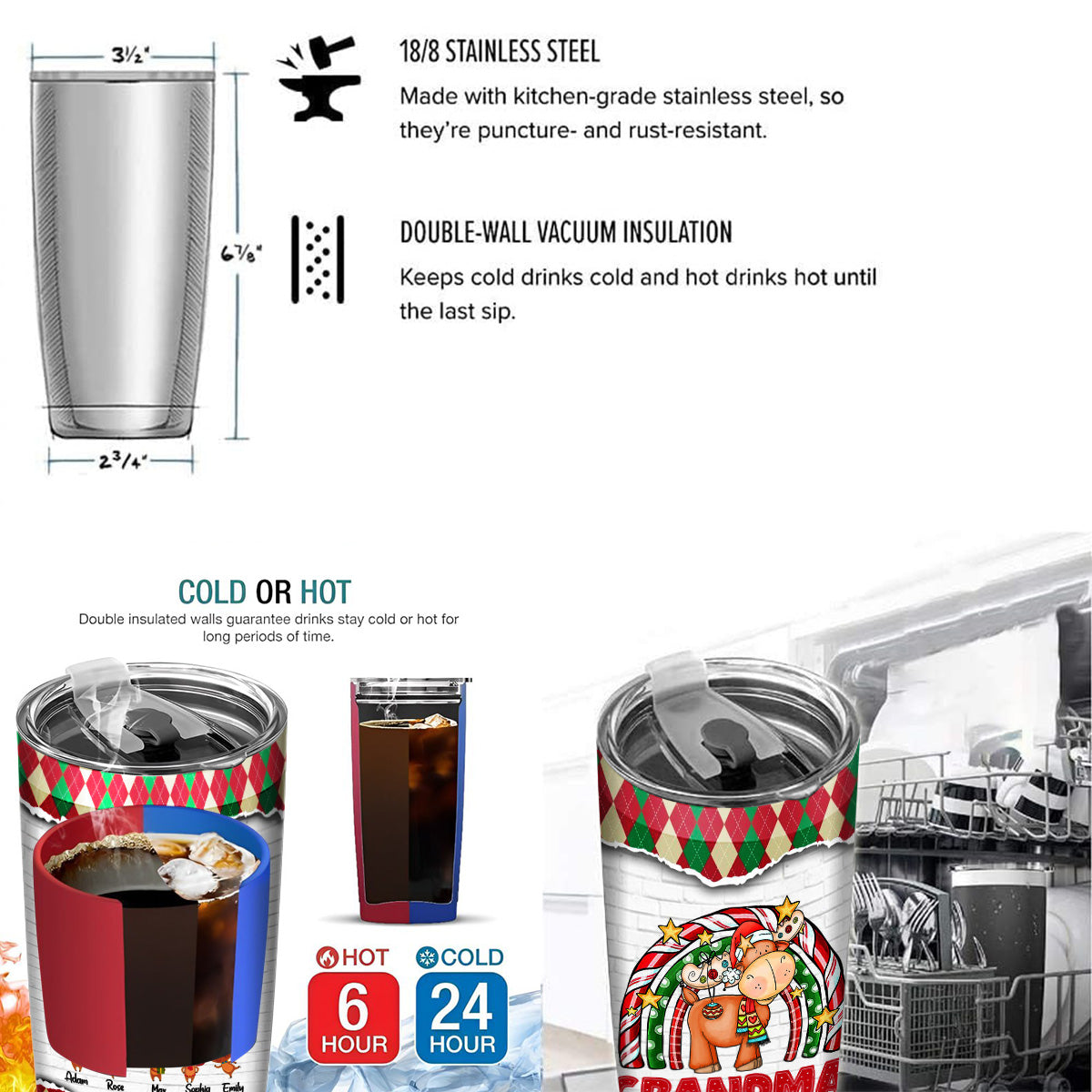 Cute Christmas Rainbow Tumbler, Grandma Custom Grandchildren Names Travel Cup, Winter Drinkware Cup, Rainbow Reindeer Family Names Travel Tumbler, Gifts For Nana From Grandkids, 20oz