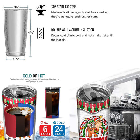 Cute Christmas Rainbow Tumbler, Grandma Custom Grandchildren Names Travel Cup, Winter Drinkware Cup, Rainbow Reindeer Family Names Travel Tumbler, Gifts For Nana From Grandkids, 20oz