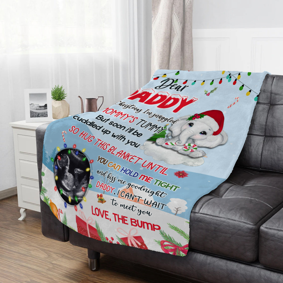 New Dad Gifts, Dear Daddy This Christmas I'm Snuggled In Mommy's Tummy Elephant Baby Ultrasound Photo , Personalized Blanket With Photo, Gifts For New Daddy, Fleece Sherpa Blanket