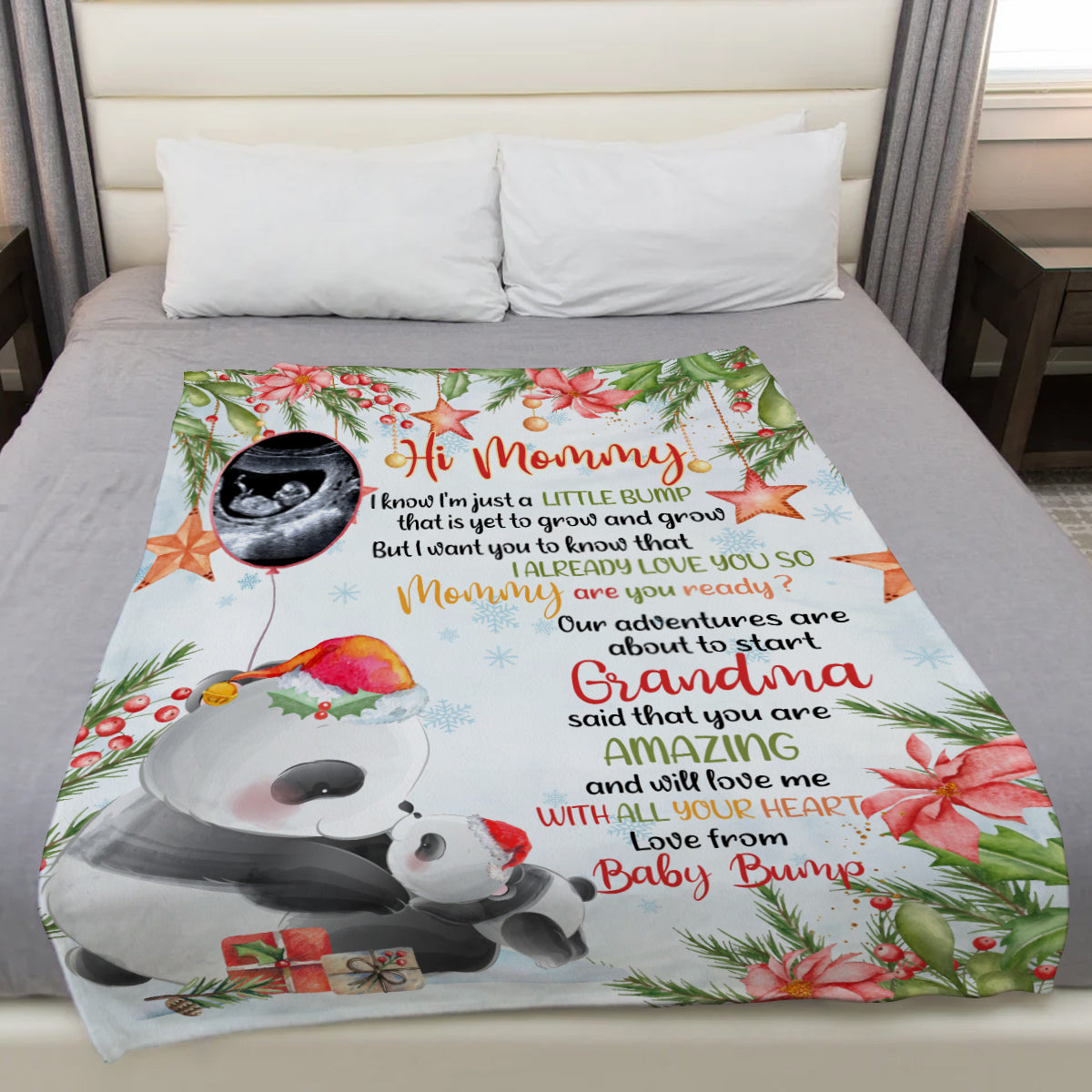 Personalized Panda Christmas Baby Blanket, Custom Photo Ultrasound Baby Bump Gifts For New Mom New Dad Wife, Christmas Fleece Sherpa Blanket Expecting Parents Gifts For Mom To Be,