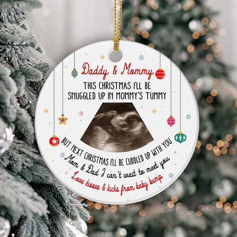 Daddy & Mommy Ultrasound Ornament, Snuggled In Mommy’s Tummy Quote, Pregnancy Reveal Xmas Gift, Custom Sonogram Photo Baby Bump Keepsake