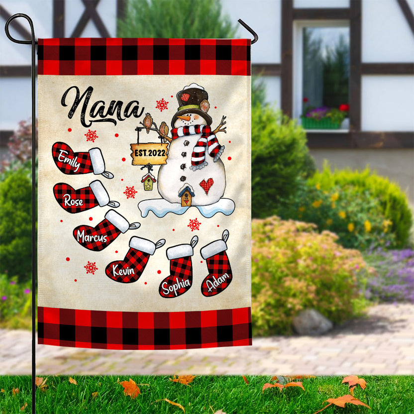 Nana Garden Flag, Custom Grandkids Names Outdoor Banner, Red Buffalo Plaid Stockings Yard Decor, Holiday Season Lawn Decor Gifts For Nana From Grandkids, Double Sided Outside Welcome