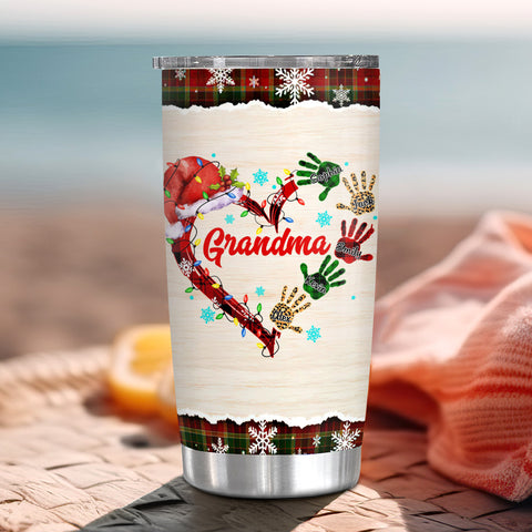 Grandma Christmas Tumbler, Personalised Grandchildren Names Travel Cup, Festive Winter Drinkware, Christmas Handprint Grandkid Name Travel Cup, Personalized Tumbler, Gifts For Nana Mama