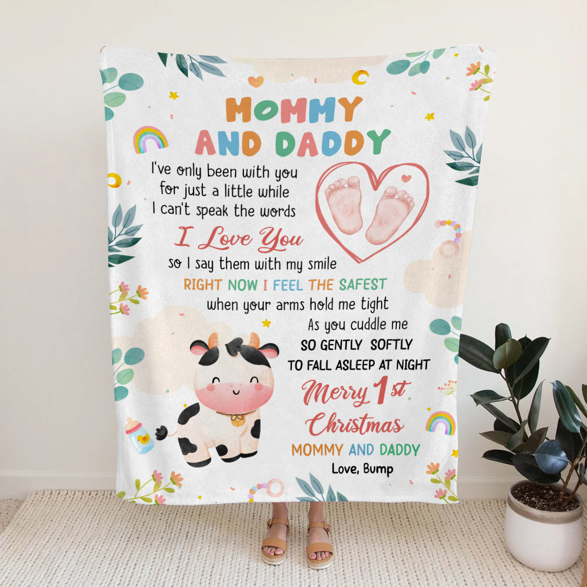 Merry 1st Christmas Mommy Daddy I've Only Been With You A While Footprint Baby Cow, Personalized Blanket, Gifts For New Parents, Fleece Sherpa Blanket, New Parents For Xmas Christmas