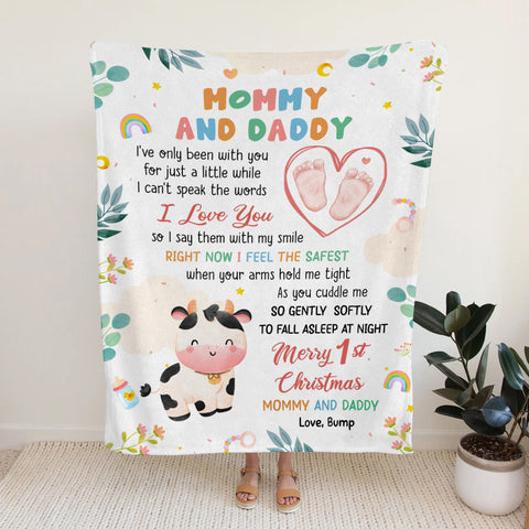 Merry 1st Christmas Mommy Daddy I've Only Been With You A While Footprint Baby Cow, Personalized Blanket, Gifts For New Parents, Fleece Sherpa Blanket, New Parents For Xmas Christmas