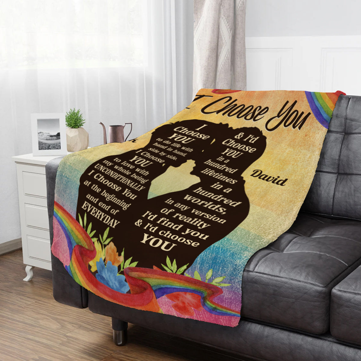 Gay Lgbt Couple Rainbow Silhouette Vintage I'd Find You & I'd Choose You, Personalized Blanket, Gifts For Him Her From Honey