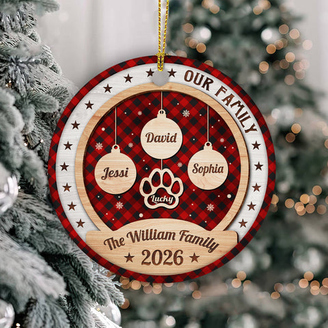 Personalized Ornament For Parents Grandparents Kids Grandkids Family Gifts Our Family Bauble Pawprint With Names Red Plaid Snowflake, Dog Lover Tree Decor Keepsake, Custom Names