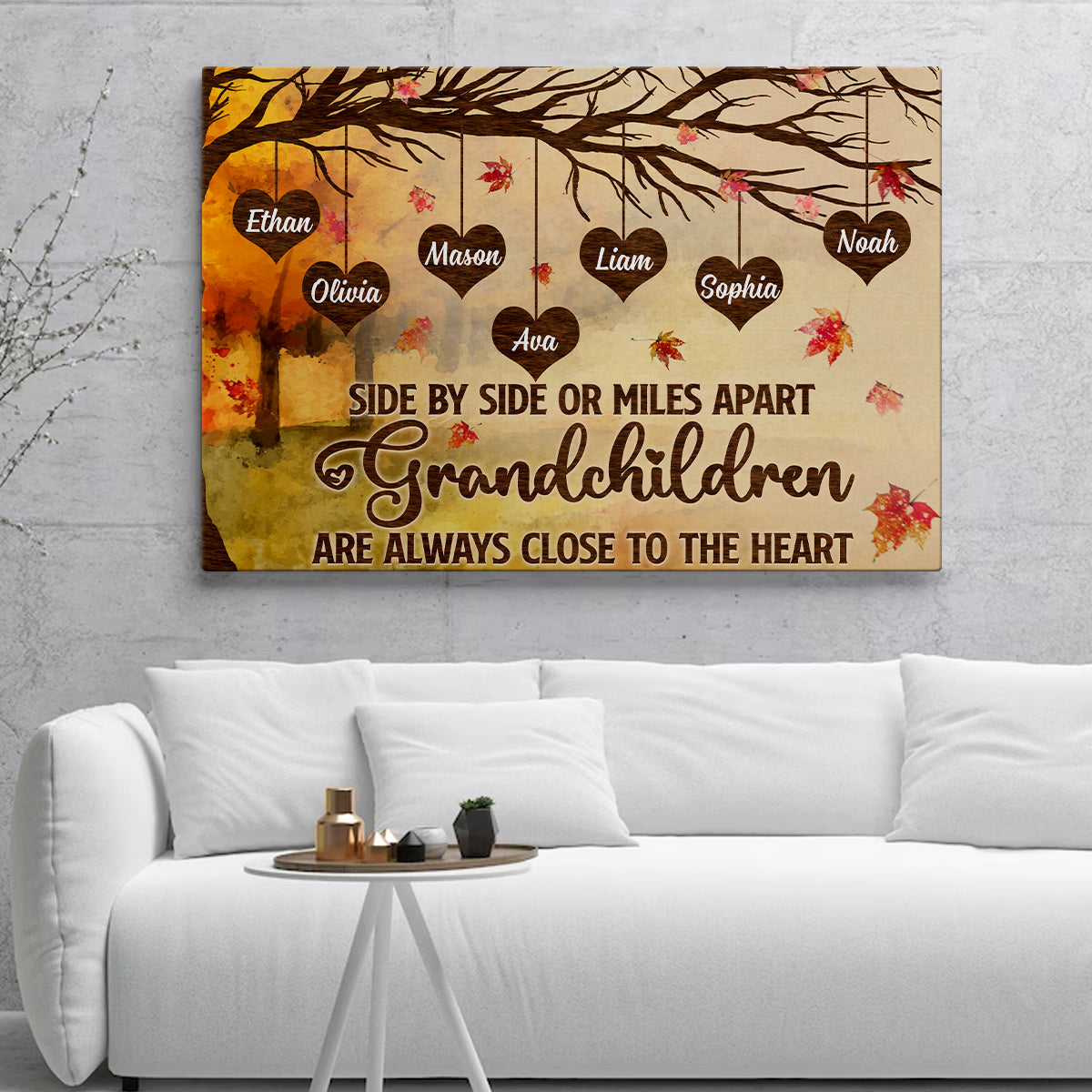 Grandma Gifts, Side By Side Or Miles Apart Grandchildren Are Always Close To The Heart Autumn Tree Heart With Names Canvas Wall Art, Gifts For Nana From Grandkids, Poster Prints Wall