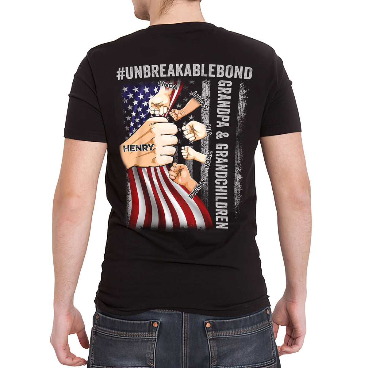 Personalized Shirt For Papa From Grandkids Custom Name Grandpa & Grandsons Granddaughters Unbreakable Bond Flag Back Side T-Shirt Papa Gifts Shirts For Men Family On Christmas