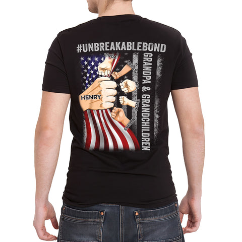 Personalized Shirt For Papa From Grandkids Custom Name Grandpa & Grandsons Granddaughters Unbreakable Bond Flag Back Side T-Shirt Papa Gifts Shirts For Men Family On Christmas