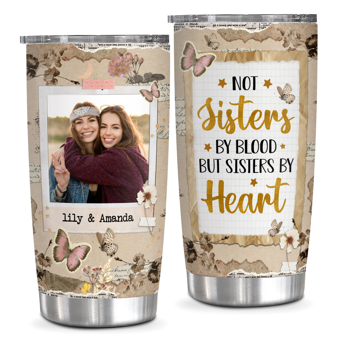 Not Sisters By Blood But Sisters By Heart, Personalized Tumbler, Gifts For Unbiological Sister, 20oz Travel Cup, Friendship Tumbler Summer Friendship Gifts For Women Girls Friends