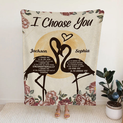 Flamingo Couple Floral Silhouette Vintage I'd Find You & I'd Choose You, Personalized Blanket, Gifts For Him Her Couple