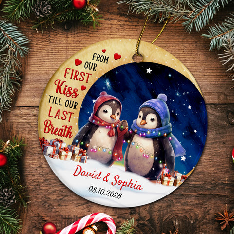 From Our First Kisses Till Our Last Breathes Penguin Couple Crescents Moon, Penguin Holiday Tree Decoration, Penguins Couple Keepsake, Xmas Ornament, Personalized Christmas Ornament
