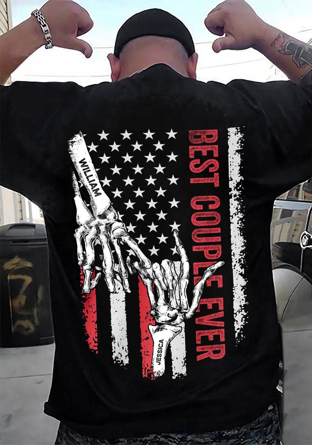 Personalized T-Shirt For Wife Wifey From Him Her Darling Couple Ever Flag Back Side Printed Bone Skeleton Custom Name Gifts For Couple Short Shirt Gifts For Men Women On Valentines