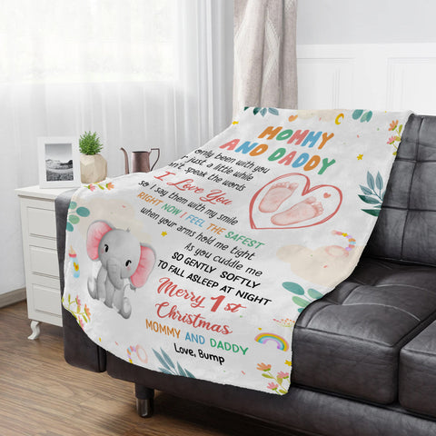 Merry 1st Christmas Mommy Daddy I've Only Been With You A While Footprint Baby Elephant, Personalized Blanket, Gifts For New Parents, Fleece Sherpa Blanket, New Parents Xmas Christmas