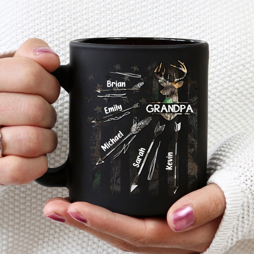 Personalized Coffee Mug For Poppy From Grandchildren Grandpa With Grandkids Deer Arrows Hunting Papa Custom Name Gifts For Grandpa Novelty 11 15Oz Ceramic Cup For Birthday Fathers Day