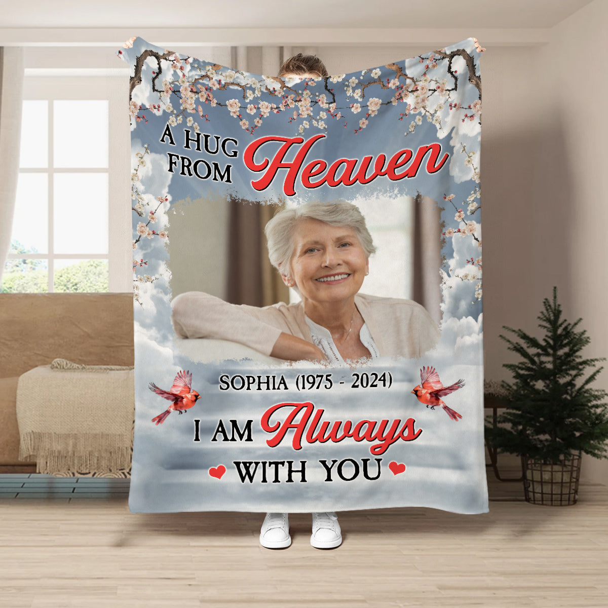 Remembrance Gifts, Personalized Memorial Blanket With Photo, I Am Always With You Red Bird Blossom Tree, Loss Of Grandpa Grandma Blanket, Fleece Sherpa, Memorial Gifts For Anniversary
