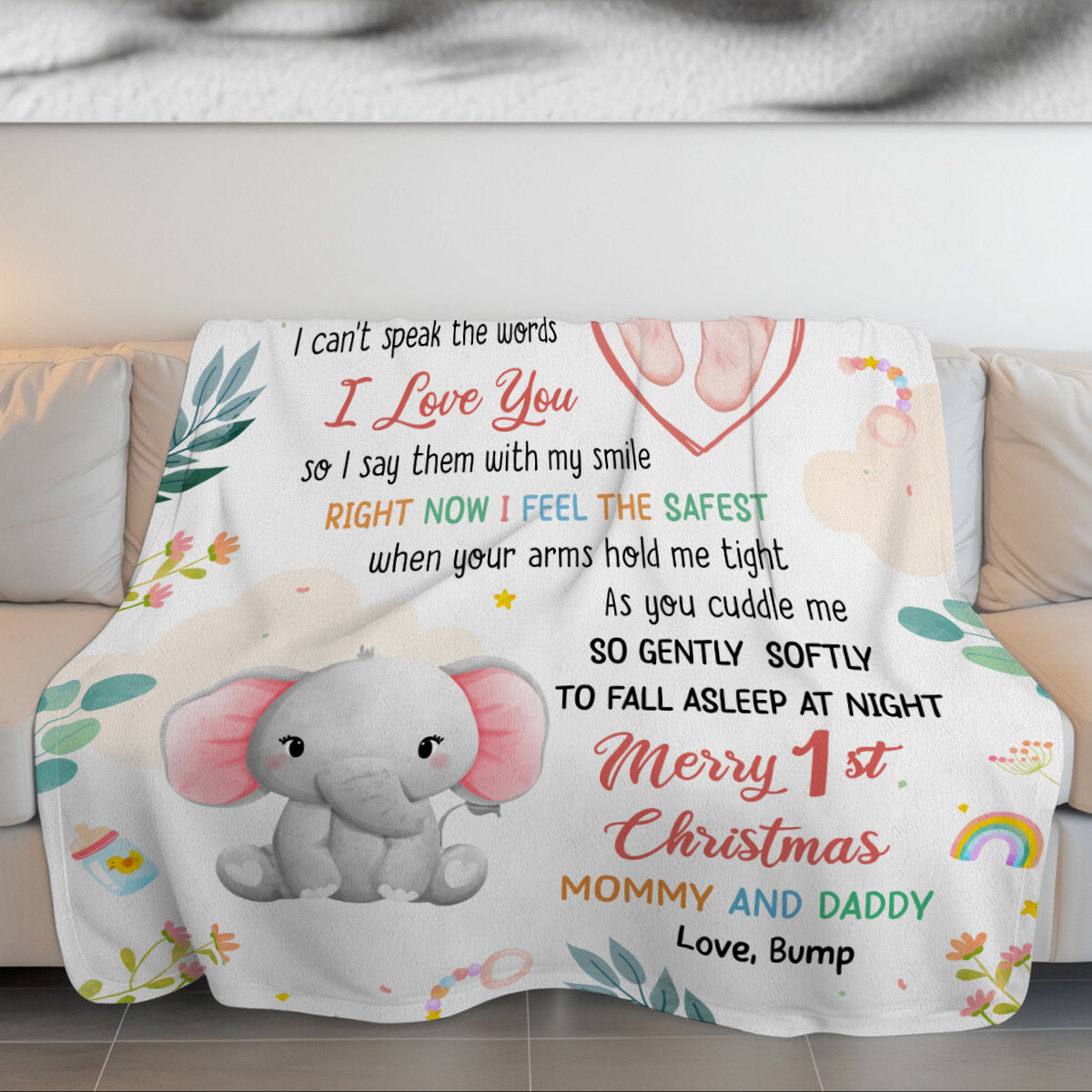 Merry 1st Christmas Mommy Daddy I've Only Been With You A While Footprint Baby Elephant, Personalized Blanket, Gifts For New Parents, Fleece Sherpa Blanket, New Parents Xmas Christmas