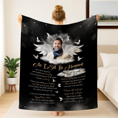 Sympathy Gifts, Memorial Blanket With Photo, Personalized Memorial Blanket, Heavenlies Angel Portrait Artwork, Remembrance Verse With Clouds And Doves, Spiritual Comfort Message