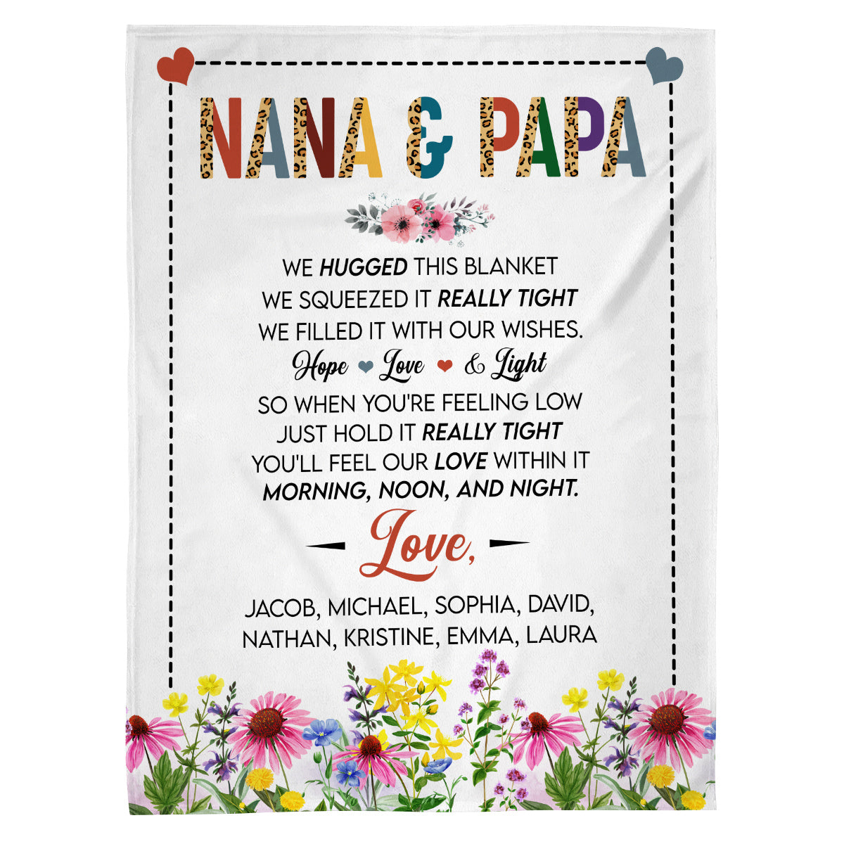 Grandma Gifts, Nana And Papa Blanket, Hugged And Squeezed Poem Message, Floral Border Artwork, Personalized Name, Personalized Blanket, Gifts For Nana From Grandkids, For Mother's Day