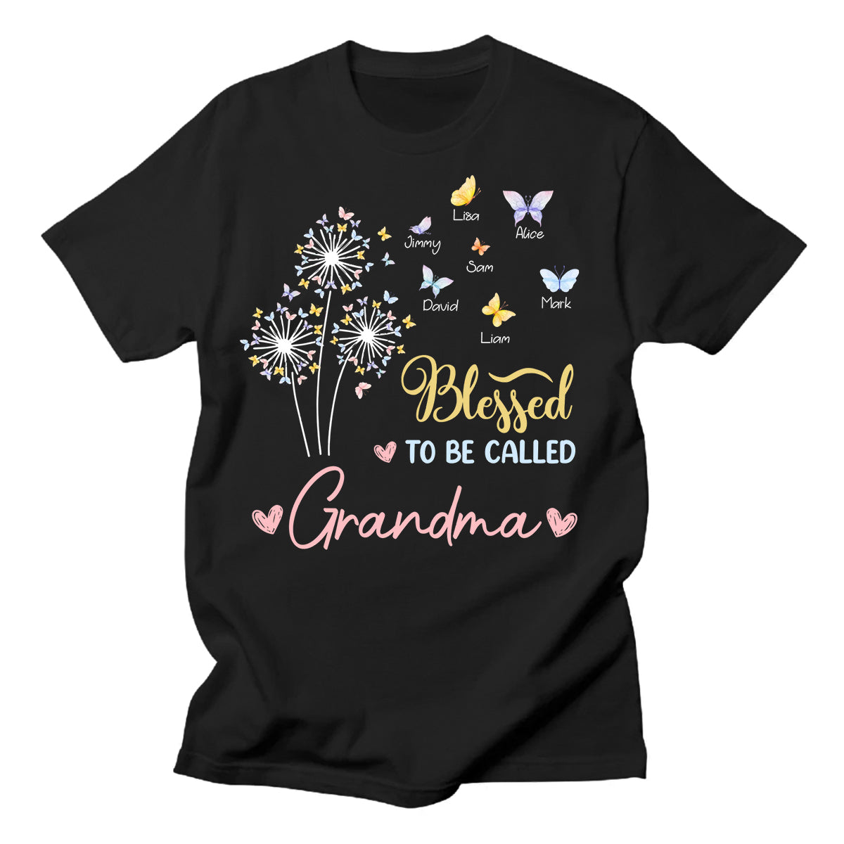 Personalized To My Mimi Gifts For Grandma Blessed To Be Called Grandma Butterflies And Dandelion T-Shirt Custom Names From Grandson For Mother's Day Birthday Christmas Customized Unisex Shirt