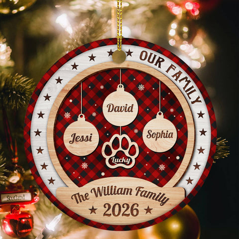 Personalized Ornament For Parents Grandparents Kids Grandkids Family Gifts Our Family Bauble Pawprint With Names Red Plaid Snowflake, Dog Lover Tree Decor Keepsake, Custom Names