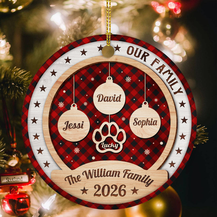 Personalized Ornament For Parents Grandparents Kids Grandkids Family Gifts Our Family Bauble Pawprint With Names Red Plaid Snowflake, Dog Lover Tree Decor Keepsake, Custom Names